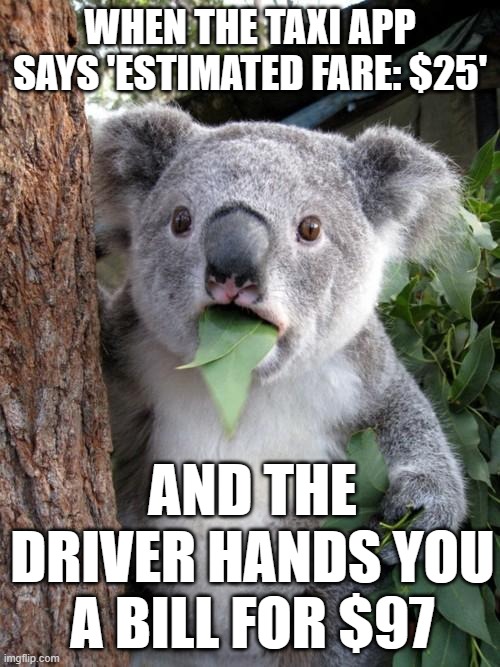 Surprised Koala | WHEN THE TAXI APP SAYS 'ESTIMATED FARE: $25'; AND THE DRIVER HANDS YOU A BILL FOR $97 | image tagged in memes,surprised koala | made w/ Imgflip meme maker