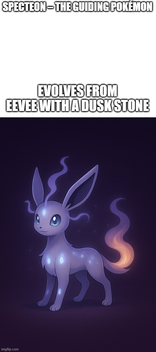 new fakemon | SPECTEON – THE GUIDING POKÉMON; EVOLVES FROM EEVEE WITH A DUSK STONE | image tagged in pokemon,fakemon | made w/ Imgflip meme maker