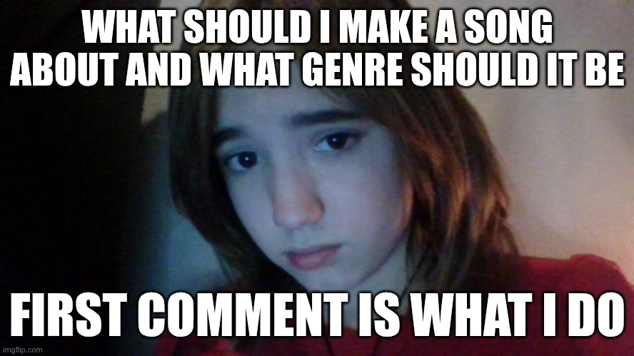 my face is now a meme | WHAT SHOULD I MAKE A SONG ABOUT AND WHAT GENRE SHOULD IT BE; FIRST COMMENT IS WHAT I DO | image tagged in my face is now a meme | made w/ Imgflip meme maker