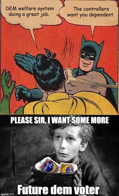 The more your given, the more dependent you get & the least likely you'll be to challenge them.1 day they'll stop paying u. | DEM welfare system doing a great job. The controllers want you dependent. Future dem voter | image tagged in memes,batman slapping robin | made w/ Imgflip meme maker