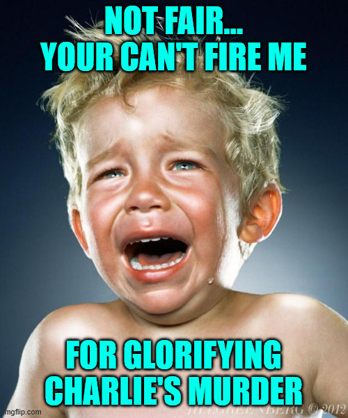 crying child | NOT FAIR... YOUR CAN'T FIRE ME FOR GLORIFYING CHARLIE'S MURDER | image tagged in crying child | made w/ Imgflip meme maker