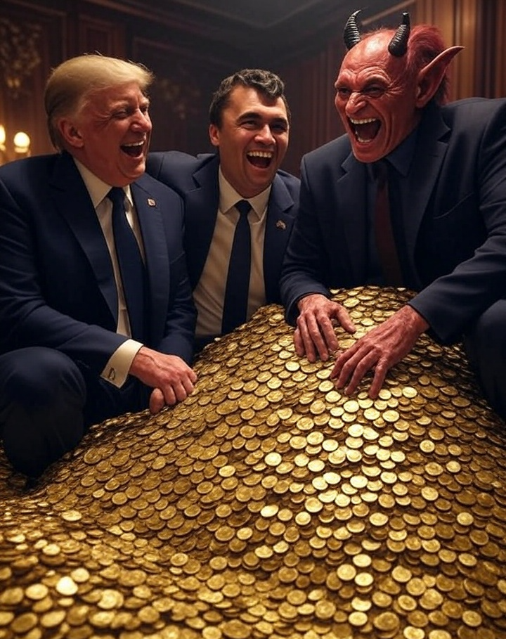Donald Trump, Charlie Kirk, Satan laughing pile of gold Blank Meme Template