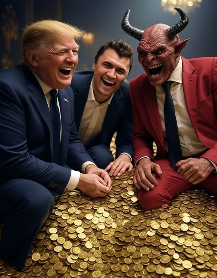 Donald Trump, Charlie Kirk, Satan laughing pile of gold Blank Meme Template