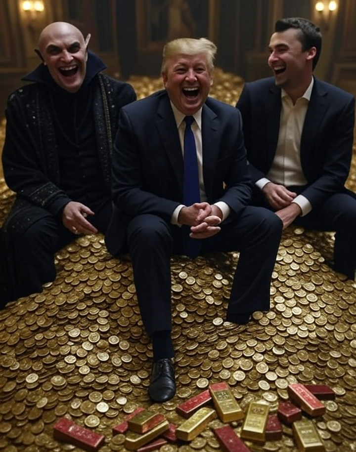 Donald Trump, Charlie Kirk, Satan laughing pile of gold Blank Meme Template