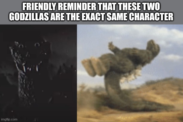 no meme here, just facts | FRIENDLY REMINDER THAT THESE TWO GODZILLAS ARE THE EXACT SAME CHARACTER | image tagged in godzilla staring,godzilla fly-kick | made w/ Imgflip meme maker