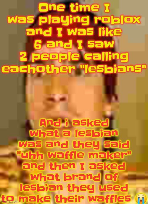 when the | And i asked what a lesbian was and they said "uhh waffle maker" and then I asked what brand of lesbian they used to make their waffles 😭; One time I was playing roblox and I was like 6 and I saw 2 people calling eachother "lesbians" | image tagged in when the | made w/ Imgflip meme maker