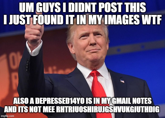 donald trump | UM GUYS I DIDNT POST THIS I JUST FOUND IT IN MY IMAGES WTF; ALSO A DEPRESSED14YO IS IN MY GMAIL NOTES AND ITS NOT MEE RHTRIUOSHIRUJGSHVUKGIUTHDIG | image tagged in donald trump | made w/ Imgflip meme maker