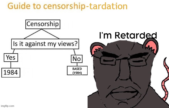 Chudrat guide to censorship | -tardation; BASED
(1984) | image tagged in wojak | made w/ Imgflip meme maker