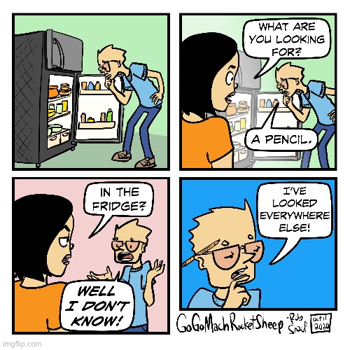 GoGoMachRocketSheep | image tagged in comics,gogomachrocketsheep,lost pencil,refrigerator | made w/ Imgflip meme maker