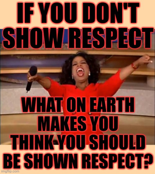 R. E. S. P. E. C. T. | IF YOU DON'T SHOW RESPECT; WHAT ON EARTH MAKES YOU THINK YOU SHOULD BE SHOWN RESPECT? | image tagged in memes,oprah you get a,respect,disrespect,no respect,getting respect giving respect | made w/ Imgflip meme maker
