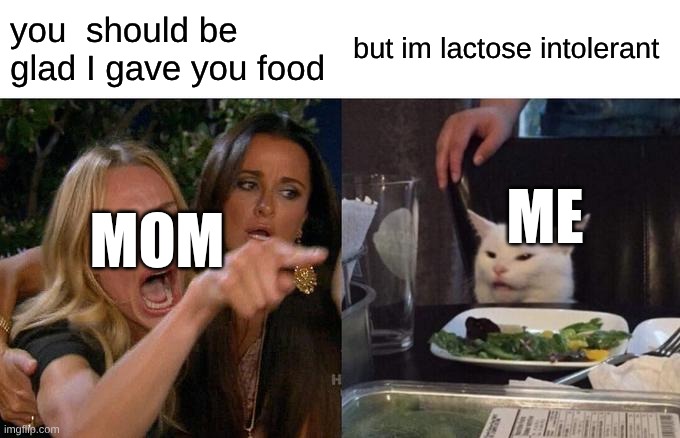 Woman Yelling At Cat | you  should be glad I gave you food; but im lactose intolerant; MOM; ME | image tagged in memes,woman yelling at cat | made w/ Imgflip meme maker