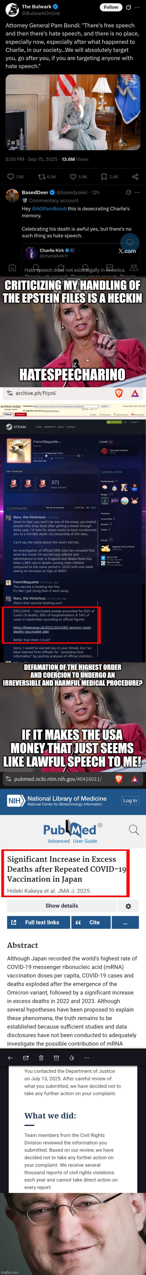 Hey Google? What is the legal definition of hate speech in the US? ... Hey Google? | CRITICIZING MY HANDLING OF THE EPSTEIN FILES IS A HECKIN; HATESPEECHARINO; DEFAMATION OF THE HIGHEST ORDER AND COERCION TO UNDERGO AN IRREVERSIBLE AND HARMFUL MEDICAL PROCEDURE? IF IT MAKES THE USA MONEY THAT JUST SEEMS LIKE LAWFUL SPEECH TO ME! | image tagged in pam bondi,gaben,charlie kirk,not let a good disaster go to waste,covid-19,censorship | made w/ Imgflip meme maker