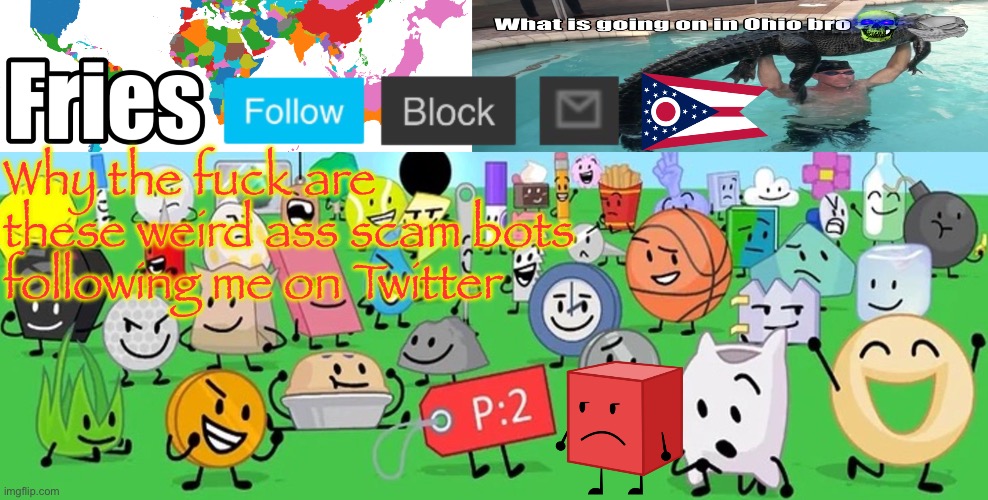 Fries cursed template | Why the fuck are these weird ass scam bots following me on Twitter | image tagged in fries cursed template | made w/ Imgflip meme maker
