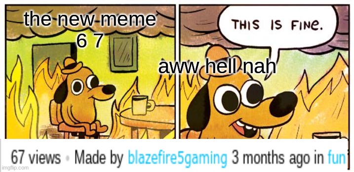 This Is Fine Meme | the new meme
6 7; aww hell nah | image tagged in memes,this is fine | made w/ Imgflip meme maker