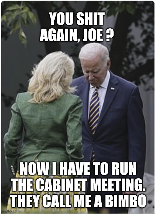 Jill scolds Joe Biden and he pouts | YOU SHIT AGAIN, JOE ? NOW I HAVE TO RUN THE CABINET MEETING.
THEY CALL ME A BIMBO | image tagged in jill scolds joe biden and he pouts | made w/ Imgflip meme maker