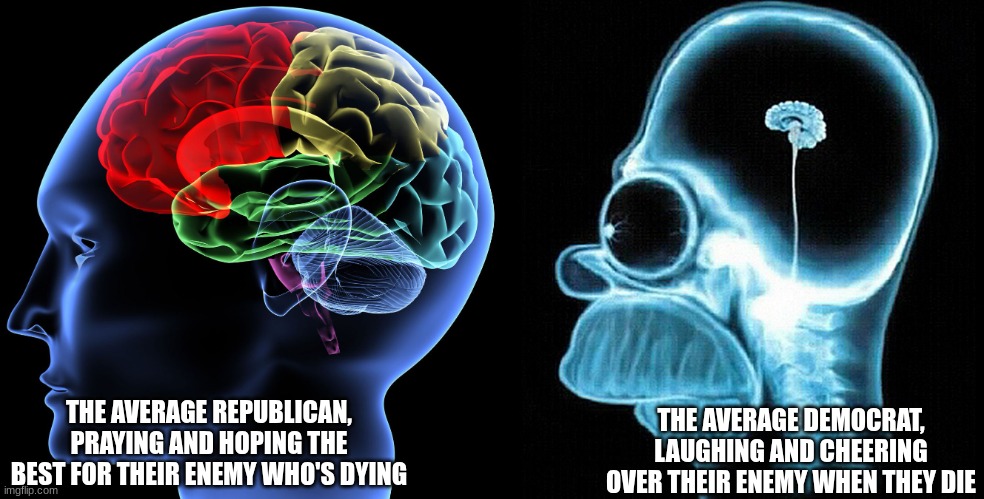 There's tons of other reasons why the left are corrupt and here's one of them | THE AVERAGE DEMOCRAT, LAUGHING AND CHEERING OVER THEIR ENEMY WHEN THEY DIE; THE AVERAGE REPUBLICAN, PRAYING AND HOPING THE BEST FOR THEIR ENEMY WHO'S DYING | image tagged in brain versus homer brain,republicans,democrats | made w/ Imgflip meme maker