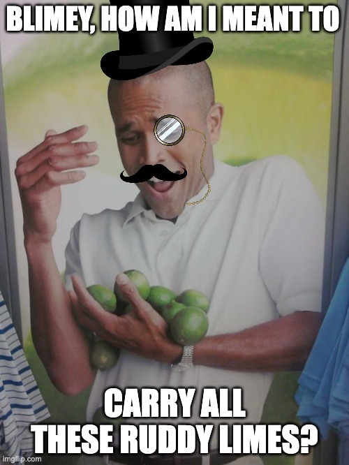 I was bored, so I made this | BLIMEY, HOW AM I MEANT TO; CARRY ALL THESE RUDDY LIMES? | image tagged in memes,why can't i hold all these limes,british,lime | made w/ Imgflip meme maker