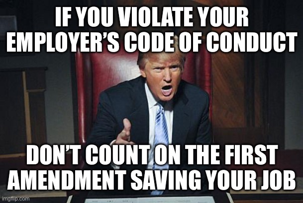 Donald Trump You're Fired | IF YOU VIOLATE YOUR EMPLOYER’S CODE OF CONDUCT; DON’T COUNT ON THE FIRST AMENDMENT SAVING YOUR JOB | image tagged in donald trump you're fired | made w/ Imgflip meme maker