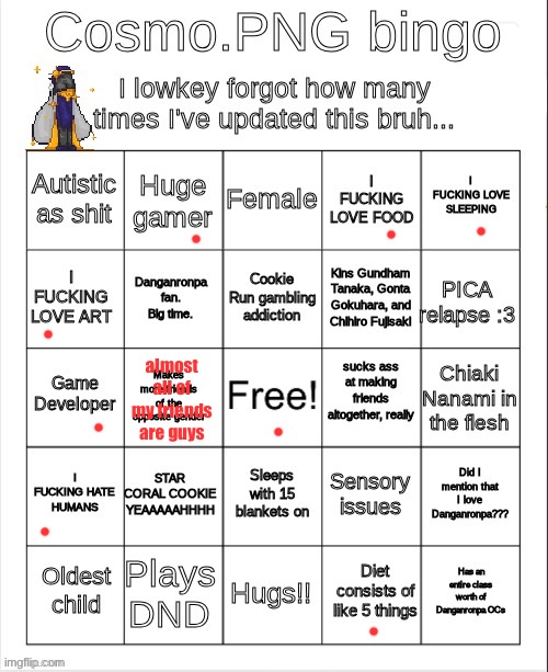no bongo | almost all of my friends are guys | image tagged in cosmo png bingo evil version | made w/ Imgflip meme maker