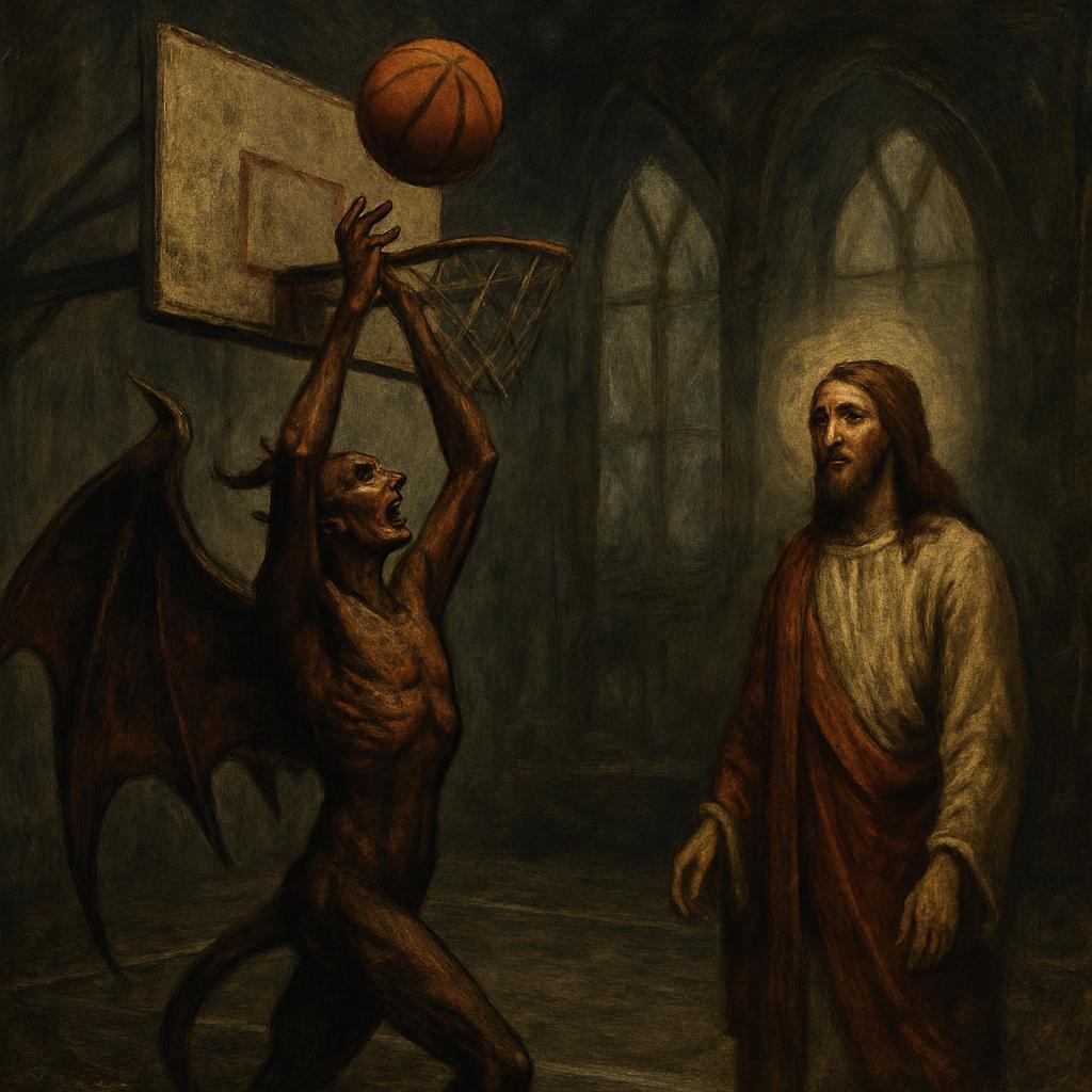 a demon trying to shoot a basketball to the net but missed and j Blank Meme Template