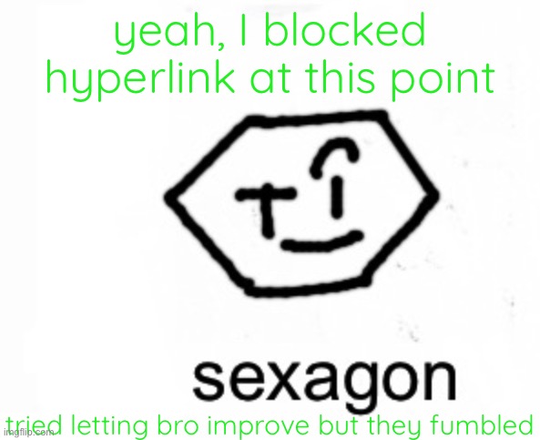 High chance I sound goofy the way I said this | yeah, I blocked hyperlink at this point; tried letting bro improve but they fumbled | image tagged in sexagon | made w/ Imgflip meme maker