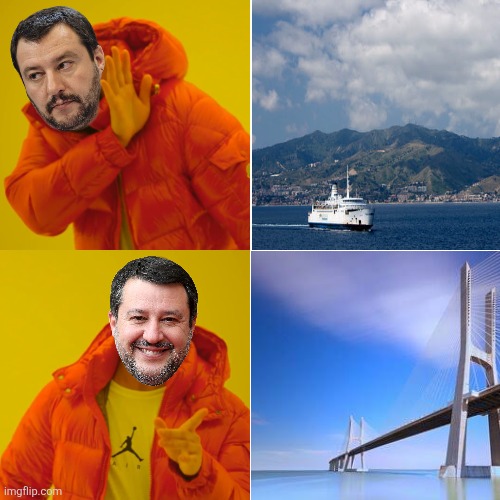 Matteo Salvini Meme Ferry vs Stretto Bridge | image tagged in memes,drake hotline bling | made w/ Imgflip meme maker