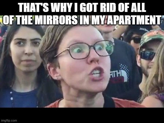 Angry sjw | THAT'S WHY I GOT RID OF ALL OF THE MIRRORS IN MY APARTMENT | image tagged in angry sjw | made w/ Imgflip meme maker