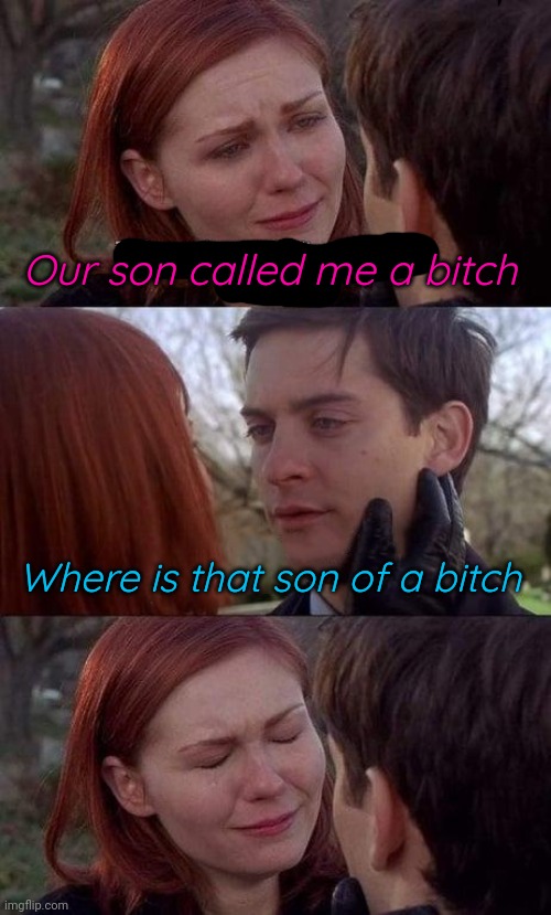 Like father, like son. | Our son called me a bitch; Where is that son of a bitch | image tagged in tell me the truth i'm ready to hear it,muh feelingz | made w/ Imgflip meme maker