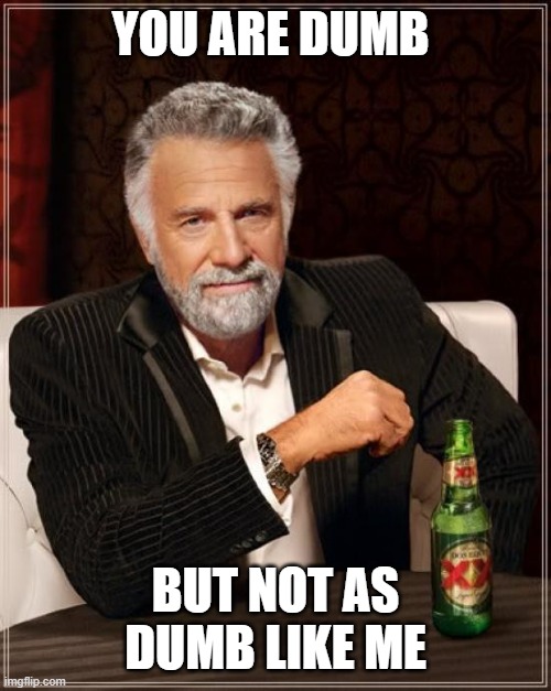 what a cool title | YOU ARE DUMB; BUT NOT AS DUMB LIKE ME | image tagged in memes,the most interesting man in the world | made w/ Imgflip meme maker