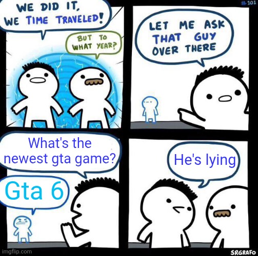 I am convinced the rapture will happen the second before gta 6 releases | What's the newest gta game? He's lying; Gta 6 | image tagged in we did it we time traveled,gta 6,gta 5,lol so funny,memes | made w/ Imgflip meme maker