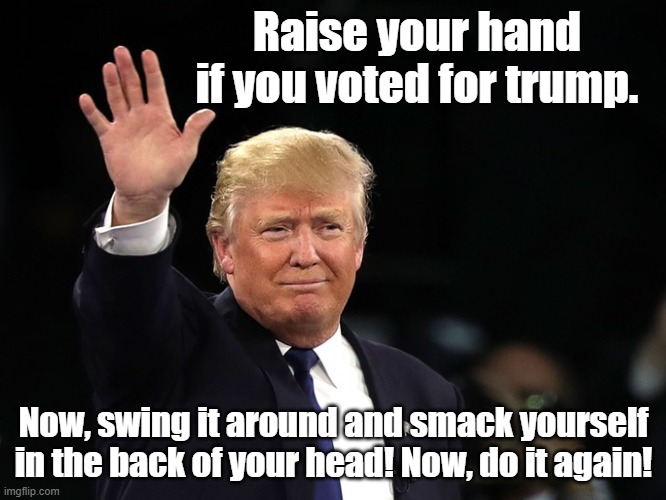 Trump Raising Hand | Raise your hand if you voted for trump. Now, swing it around and smack yourself in the back of your head! Now, do it again! | image tagged in trump raising hand,king trump,orange tan man,get kirked | made w/ Imgflip meme maker