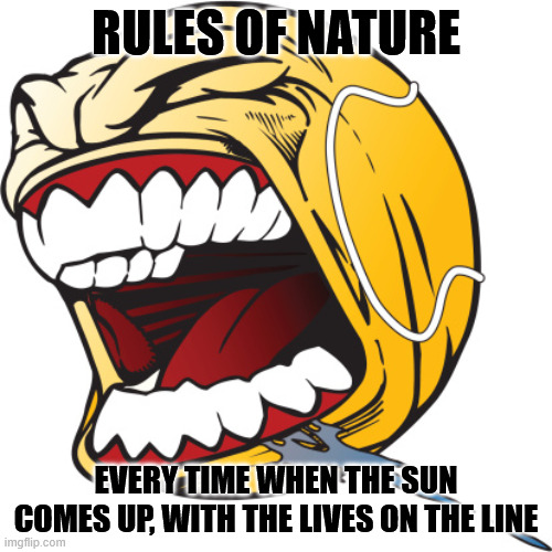 RULES OF NATURE!!!!!!! YESSSS SPLIT IT WIDE OPEN | RULES OF NATURE; EVERY TIME WHEN THE SUN COMES UP, WITH THE LIVES ON THE LINE | image tagged in screaming tennis ball | made w/ Imgflip meme maker