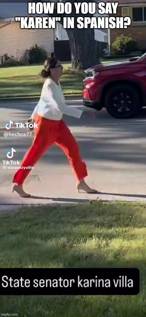 How do you say "Karen" in Spanish? | HOW DO YOU SAY "KAREN" IN SPANISH? | image tagged in karina villa,karen | made w/ Imgflip meme maker