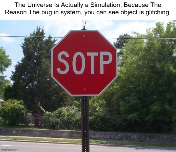Sotp sign | The Universe Is Actually a Simulation, Because The Reason The bug in system, you can see object is glitching. | image tagged in sotp sign | made w/ Imgflip meme maker