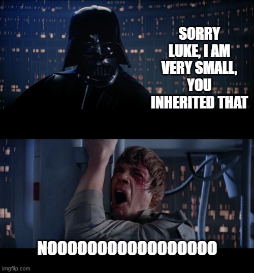 The Little Vader | SORRY LUKE, I AM VERY SMALL, YOU INHERITED THAT; NOOOOOOOOOOOOOOOOO | image tagged in memes,star wars no | made w/ Imgflip meme maker