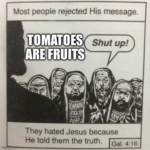 They hated jesus because he told them the truth | TOMATOES ARE FRUITS | image tagged in they hated jesus because he told them the truth | made w/ Imgflip meme maker