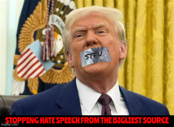 Stopping hate speech | STFU; STOPPING HATE SPEECH FROM THE BIGLIEST SOURCE | image tagged in stopping hate speech,duct tape,shut your pie hole,1st amendment repealed,fascist,maga mouth | made w/ Imgflip meme maker