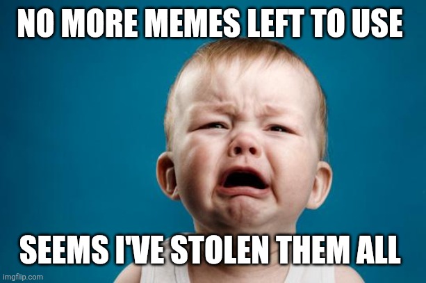 For ragebait | NO MORE MEMES LEFT TO USE; SEEMS I'VE STOLEN THEM ALL | image tagged in baby crying | made w/ Imgflip meme maker