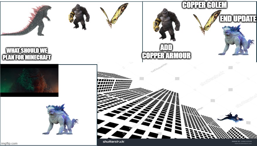 really we want the update | COPPER GOLEM; END UPDATE; ADD COPPER ARMOUR; WHAT SHOULD WE PLAN FOR MINECRAFT | image tagged in meeting board room template godzilla version | made w/ Imgflip meme maker