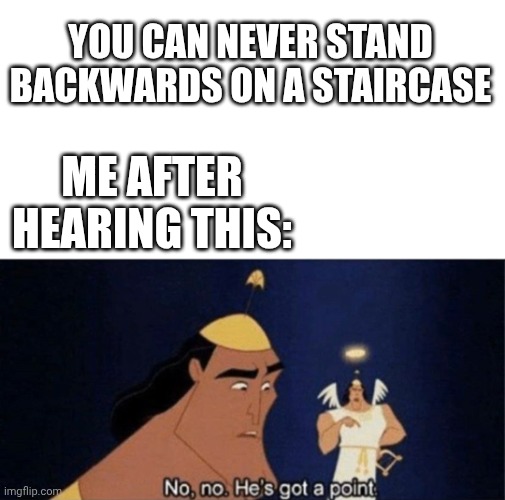 IM RUNNING OUT OF IDEAS! | YOU CAN NEVER STAND BACKWARDS ON A STAIRCASE; ME AFTER HEARING THIS: | image tagged in no no he's got a point,i have no idea what i am doing | made w/ Imgflip meme maker