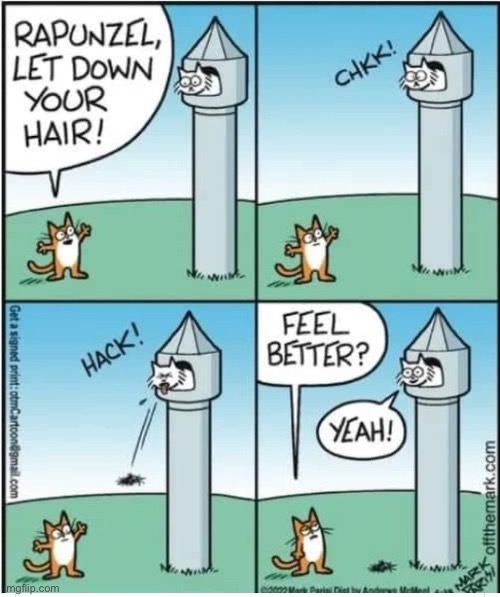 Not quite what he had in mind… | image tagged in cats,comics,off the mark,rapunzel,hairball,tower | made w/ Imgflip meme maker
