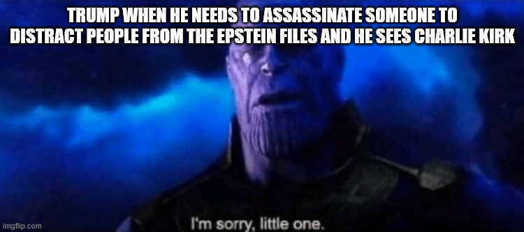 Don't fall for the distraction | TRUMP WHEN HE NEEDS TO ASSASSINATE SOMEONE TO DISTRACT PEOPLE FROM THE EPSTEIN FILES AND HE SEES CHARLIE KIRK | image tagged in im sorry little one | made w/ Imgflip meme maker