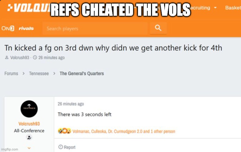 REFS CHEATED THE VOLS | image tagged in tennessee | made w/ Imgflip meme maker