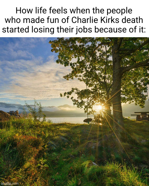I'm so happy | How life feels when the people who made fun of Charlie Kirks death started losing their jobs because of it: | image tagged in a new sunny day of gratitude,happy,charlie kirk,jobs,revenge,god is good | made w/ Imgflip meme maker