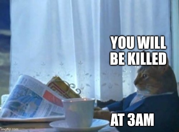 I Should Buy A Boat Cat | YOU WILL BE KILLED; AT 3AM | image tagged in memes,i should buy a boat cat | made w/ Imgflip meme maker