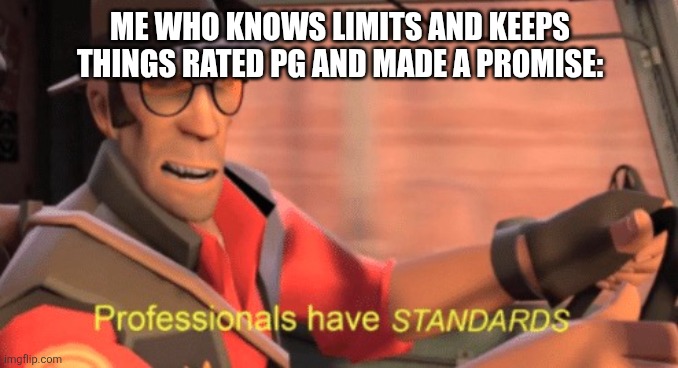 Professionals have standards | ME WHO KNOWS LIMITS AND KEEPS THINGS RATED PG AND MADE A PROMISE: | image tagged in professionals have standards | made w/ Imgflip meme maker
