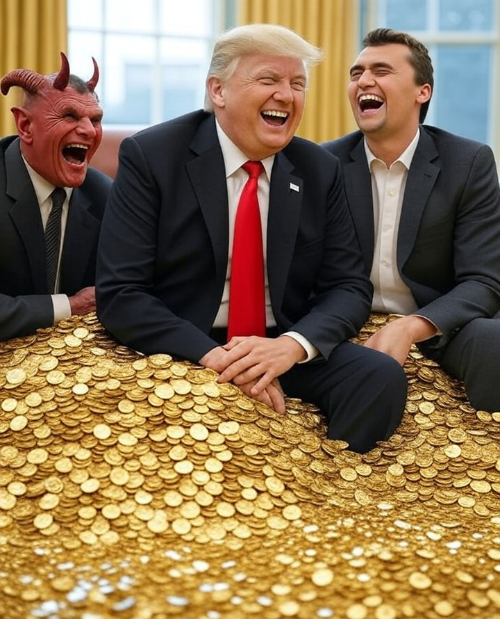 Donald Trump, Charlie Kirk, Satan, laughing pile of gold Blank Meme Template