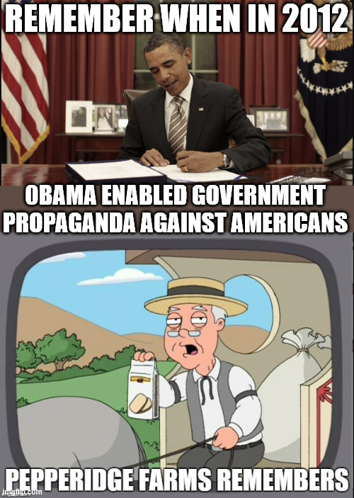 Pass the Charlie Kirk Act repealing this | REMEMBER WHEN IN 2012; 0BAMA ENABLED GOVERNMENT PROPAGANDA AGAINST AMERICANS | image tagged in pepperidge farms remembers,crooked 0bama,allows us government propaganda on americans | made w/ Imgflip meme maker