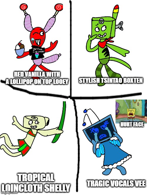 i made some new skins :D part 3 (i made them myself) | STYLISH TSINTAO BOXTEN; RED VANILLA WITH A LOLLIPOP ON TOP LOOEY; HURT FACE; TROPICAL LOINCLOTH SHELLY; TRAGIC VOCALS VEE | made w/ Imgflip meme maker