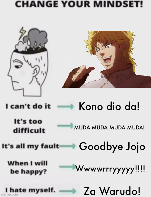 You thought it was a title, but it was me Dio! | Kono dio da! MUDA MUDA MUDA MUDA! Goodbye Jojo; Wwwwrrryyyyy!!!! Za Warudo! | image tagged in change your mindset,but it was me dio,anime | made w/ Imgflip meme maker